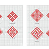 A grid from Counted Sashiko Embroidery by Schiffer Publishing, Ltd. displays eight red diamond-patterned kogin designs—four per page—each with a Japanese title/number and vertical Japanese text along the left margin of both pages.