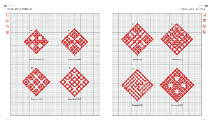 A grid from Counted Sashiko Embroidery by Schiffer Publishing, Ltd. displays eight red diamond-patterned kogin designs—four per page—each with a Japanese title/number and vertical Japanese text along the left margin of both pages.