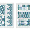 A two-page spread from "Counted Sashiko Embroidery" by Schiffer Publishing, Ltd. features blue grid charts of traditional Japanese hishizashi sashiko patterns—zigzags, diamonds, and chevrons—on white, with Japanese text on both sides.