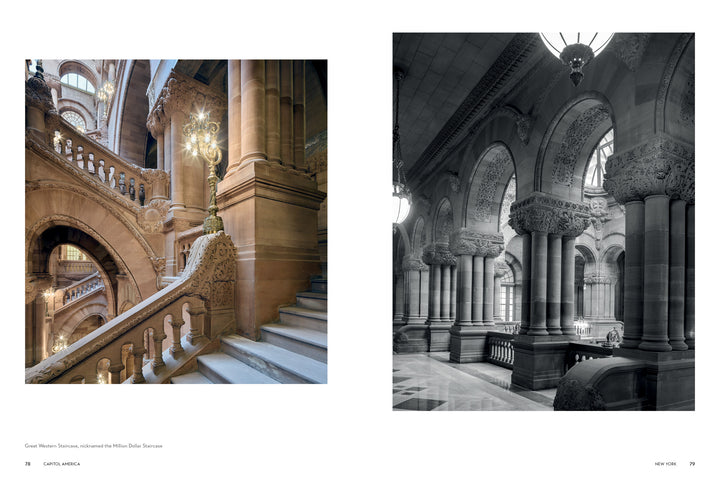 Left: Ornate stone staircase with detailed carvings and chandelier in a historic building. Right: Black and white view of grand arches and columns—elegant American architecture from Capitol America by Schiffer Publishing, Ltd.