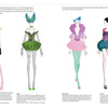 Fashion Design Archive by Schiffer Publishing, Ltd. features four illustrated women in elaborate costumes: a white winged suit, a green dress with leaf crown, a pink and blue ruffled gown, and a purple-teal outfit with ribbons.