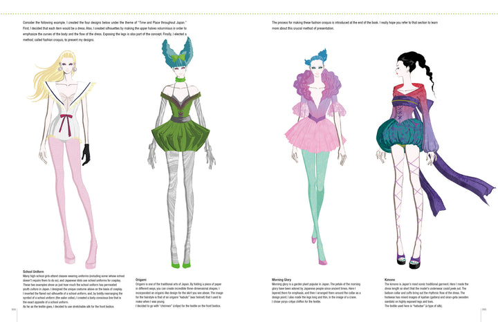 Fashion Design Archive by Schiffer Publishing, Ltd. features four illustrated women in elaborate costumes: a white winged suit, a green dress with leaf crown, a pink and blue ruffled gown, and a purple-teal outfit with ribbons.