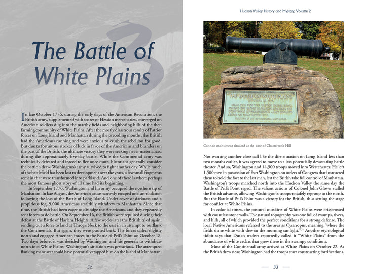 An open book, Hudson Valley History & Mystery, Volume 2 by Schiffer Publishing, Ltd., shows "The Battle of White Plains" text on the left and a photo of a historic cannon on the right, connecting regional history with scenic outdoors.