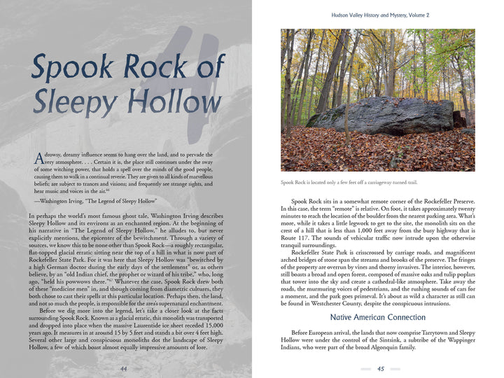 In "Hudson Valley History & Mystery, Volume 2" by Schiffer Publishing, Ltd., an open page details Spook Rock of Sleepy Hollow, featuring a large boulder photo among trees and a background number 4 on the left.