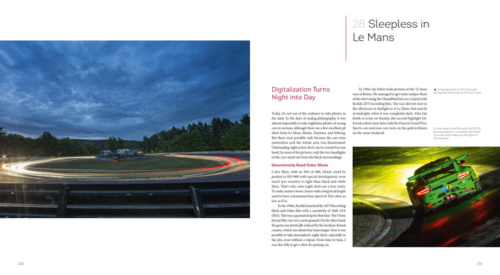 A glowing Formula 1 photography shot adorns the right page, as a race car speeds along a night track with colorful light trails, dramatic sky, and trees—all from "Inside Formula 1" by Schiffer Publishing, Ltd.