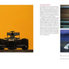 Left: A Formula 1 car speeds along a track at sunset. Right: Two smaller images highlight Formula 1 action—one with blue-toned blur, the other featuring a white car on track. "Inside Formula 1" by Schiffer Publishing, Ltd. appears between the images.