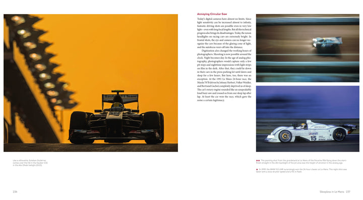 Left: A Formula 1 car speeds along a track at sunset. Right: Two smaller images highlight Formula 1 action—one with blue-toned blur, the other featuring a white car on track. "Inside Formula 1" by Schiffer Publishing, Ltd. appears between the images.