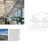 A modern railway station with a spacious, light-filled atrium supported by wooden beams—echoing the KKAA Kengo Kuma and Associates style (Schiffer Publishing, Ltd.)—with trains below and architectural detailing in a technical section on a white background.