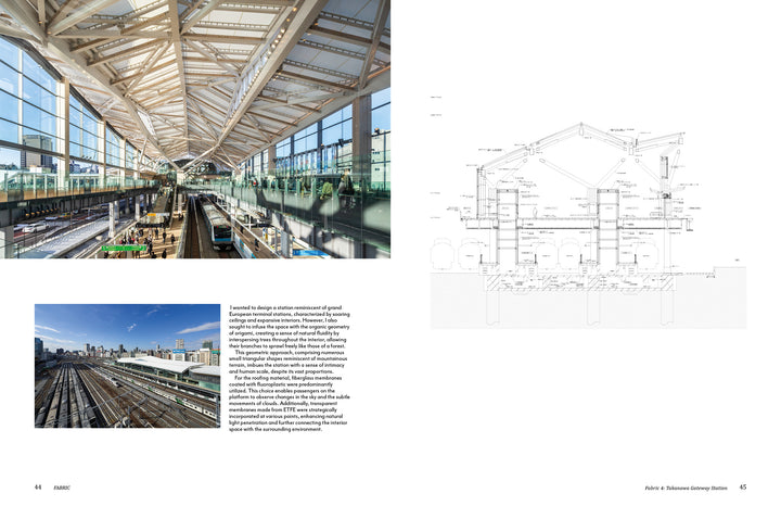 A modern railway station with a spacious, light-filled atrium supported by wooden beams—echoing the KKAA Kengo Kuma and Associates style (Schiffer Publishing, Ltd.)—with trains below and architectural detailing in a technical section on a white background.