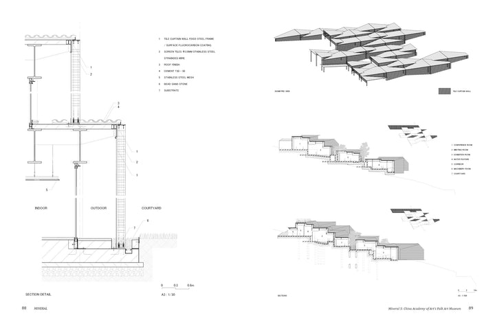 Section details and labeled drawings on the left, with 3D roof structures and site elevations on the right—perfect for fans of architectural detailing or the book "KKAA Kengo Kuma and Associates" by Schiffer Publishing, Ltd.