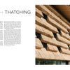 KKAA Kengo Kuma and Associates by Schiffer Publishing, Ltd. presents a modern, multi-story building with large, angled straw thatched awnings and intricate details, set before green forested mountains under a clear sky.