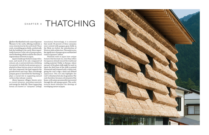 KKAA Kengo Kuma and Associates by Schiffer Publishing, Ltd. presents a modern, multi-story building with large, angled straw thatched awnings and intricate details, set before green forested mountains under a clear sky.