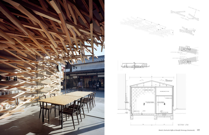 A modern interior with wooden lattice features, tables and chairs, and large windows. On the right, architectural details reference KKAA Kengo Kuma and Associates by Schiffer Publishing, Ltd., displayed on a white background.