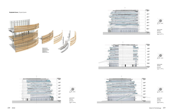 Architectural diagrams from "KKAA Kengo Kuma and Associates" by Schiffer Publishing, Ltd. display layered wooden slats inspired by Kuma’s detailing, with section drawings showing elevations and sunlight angles from multiple perspectives.