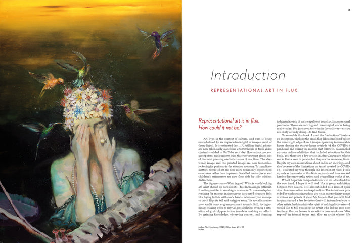 A surreal painting depicts a person in water covering their face with their hands, wearing a floral crown and surrounded by colorful hummingbirds. Nearby lies the Schiffer Publishing, Ltd. book "More Disruption.
