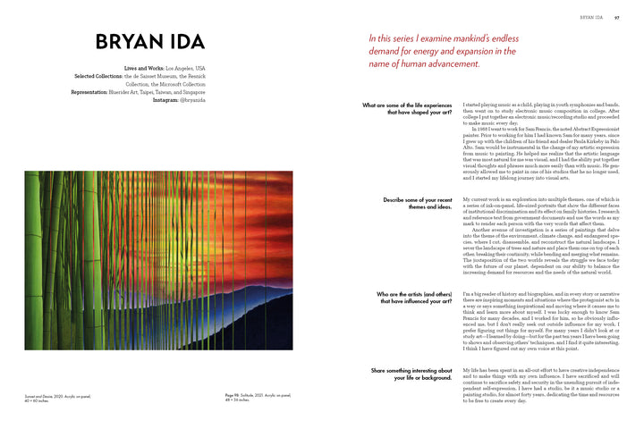 An interview page with artist Bryan Ida features two colorful abstracts and discusses his process and inspirations, highlighting how his style sets him apart—all from "More Disruption" by Schiffer Publishing, Ltd.
