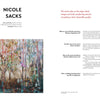 A magazine spread from Schiffer Publishing, Ltd.’s "More Disruption" features an abstract tree painting on the left, while the right page has an interview with artist Nicole Sacks, her bio, and a red-quoted statement.