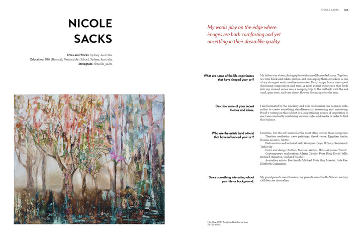 A magazine spread from Schiffer Publishing, Ltd.’s "More Disruption" features an abstract tree painting on the left, while the right page has an interview with artist Nicole Sacks, her bio, and a red-quoted statement.