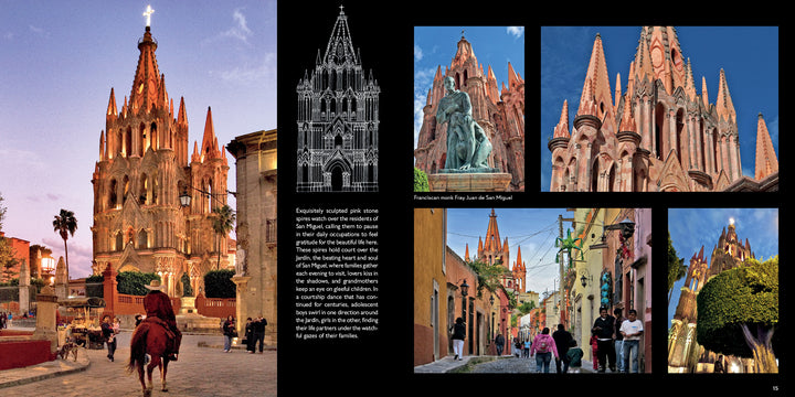 Collage of San Miguel de Allende: highlights the pink Parroquia at sunset, lively streets, and town square statue—ideal for Schiffer Publishing, Ltd.'s "San Miguel de Allende" or any coffee-table book honoring this UNESCO World Heritage city.