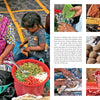 An older woman and a young girl prepare food at a colorful market stall, surrounded by fresh produce—reflecting the vibrant scenes featured in "San Miguel de Allende" by Schiffer Publishing, Ltd., with close-ups of local dishes and cooking hands.