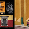 Collage of colorful Mexican architecture in San Miguel de Allende: yellow and red walls, iron-barred windows, a wooden ceiling, line drawing, and two people walking beside a sunlit yellow wall. From Schiffer Publishing, Ltd.