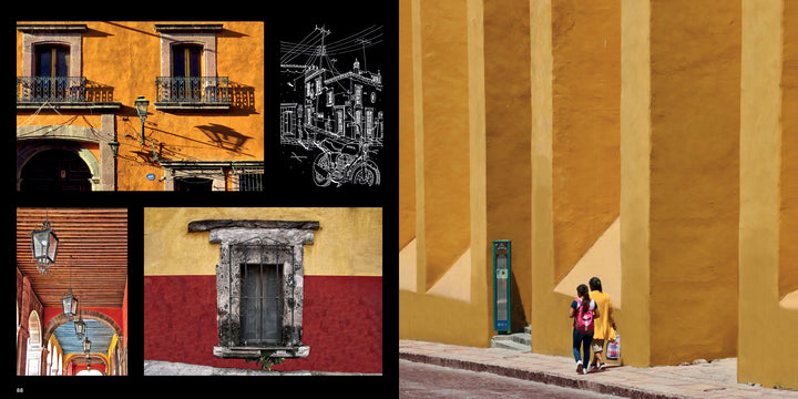 Collage of colorful Mexican architecture in San Miguel de Allende: yellow and red walls, iron-barred windows, a wooden ceiling, line drawing, and two people walking beside a sunlit yellow wall. From Schiffer Publishing, Ltd.