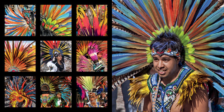 A man in vibrant traditional Aztec attire stands right, while close-ups of feathered headdresses are arranged left—ideal for a coffee-table or photo book collection. San Miguel de Allende by Schiffer Publishing, Ltd.