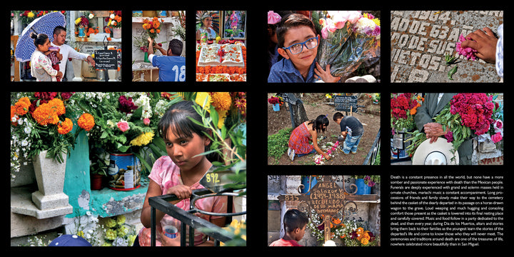 A collage shows people honoring loved ones at the San Miguel de Allende cemetery, a UNESCO World Heritage Site. Remembrance traditions are captured with moving text, like a coffee-table book. Published by Schiffer Publishing, Ltd.