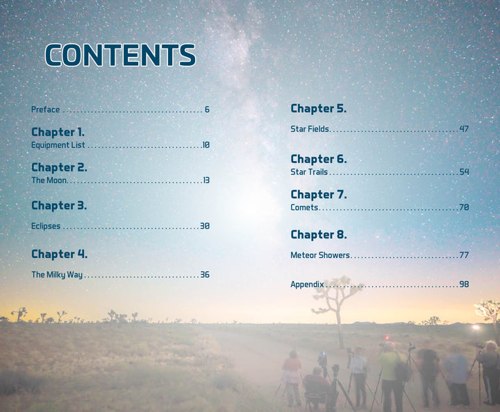 The table of contents for Easy Astrophotography by Schiffer Publishing, Ltd. features a starry night sky with people using telescopes, covering topics like equipment, astrophotography, the Moon, eclipses, Milky Way, comets, and meteor showers.