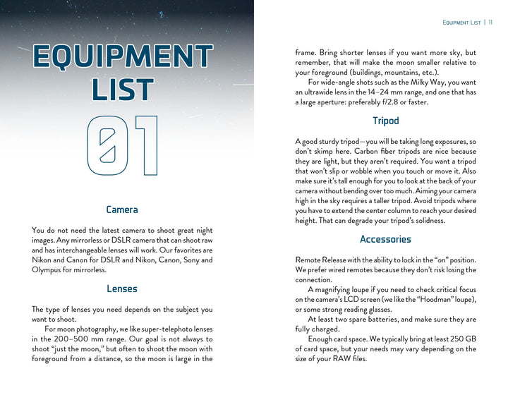 Two pages from Easy Astrophotography by Schiffer Publishing, Ltd. show DSLR camera and lens tips on the left, and tripods plus accessories for moon and astrophotography on the right, with black text on a white background.