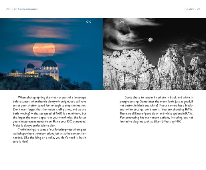 Easy Astrophotography by Schiffer Publishing, Ltd. features striking images of a large orange moon over a white-domed observatory and a bright full moon above rugged night cliffs, highlighting the beauty of night sky photography.