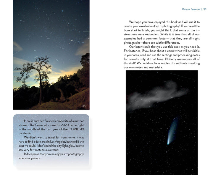 Two pages from "Easy Astrophotography" by Schiffer Publishing, Ltd. feature a tree beneath stars, a comet in a blue sky, and text inspiring readers to capture meteor showers and comets—even with a DSLR camera—anywhere.
