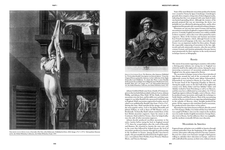 On the left page of "The Mezzotint" by Schiffer Publishing, Ltd., a black-and-white image shows a woman escaping through a window. The right page has text on mezzotint engraving and a small image of a man playing guitar.