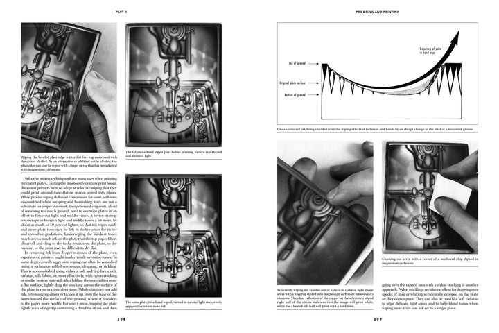 Two pages from The Mezzotint by Schiffer Publishing, Ltd. showcase close-up photos of sewing machine parts and hands threading a needle, paired with diagrams and text that evoke the precision of mezzotint engraving.