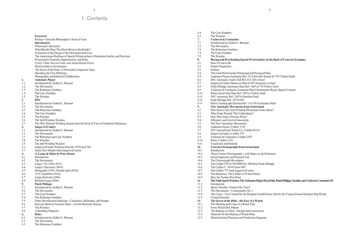 The two-page table of contents in Understanding Wristwatches by Schiffer Publishing, Ltd. lists sections, chapters, and subsections like Foreword, The Table, Parts Physics and Metaphysics—mirroring the precision of fine timepieces.