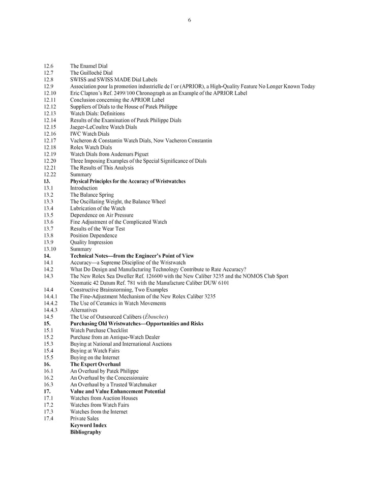 The table of contents from "Understanding Wristwatches" by Schiffer Publishing, Ltd. covers watch history, technical details, Swiss innovations, top brands, collecting tips, and insights on the investment value of fine wristwatches.