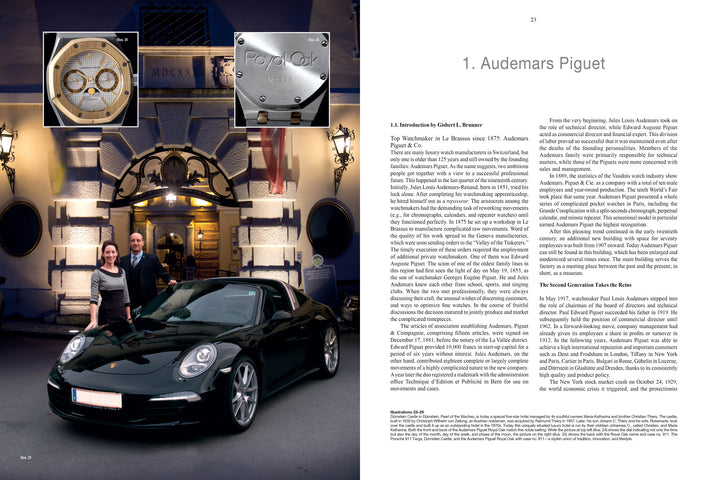 A man and woman stand beside a black Porsche in front of a building with blue and white columns. Two wristwatch close-ups appear above them. The right page features text from "Understanding Wristwatches" by Schiffer Publishing, Ltd.
