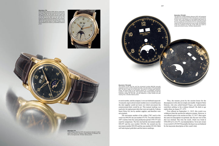 Two pages from "Understanding Wristwatches" by Schiffer Publishing, Ltd. showcase fine watches and vintage dials with detailed images and text on their history, features, and Swiss watchmaking, all set against a clean white background.