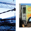 Left: Barbed wire fence in focus, blurred trains and metal structures beneath blue sky. Right: Graffiti art on a train car, echoing Chicago street culture and the bold style of "Keep Your Mouth Shut" by Schiffer Publishing, Ltd.