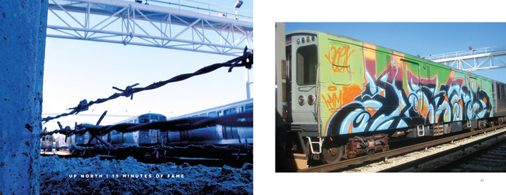 Left: Barbed wire fence in focus, blurred trains and metal structures beneath blue sky. Right: Graffiti art on a train car, echoing Chicago street culture and the bold style of "Keep Your Mouth Shut" by Schiffer Publishing, Ltd.