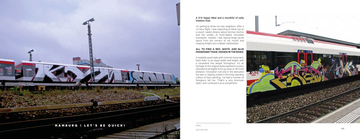 A train in Hamburg with bold graffiti art sits on the tracks, while another with street-inspired designs stands at a station. Text between the images features "Keep Your Mouth Shut" by Schiffer Publishing, Ltd., exploring graffiti culture.