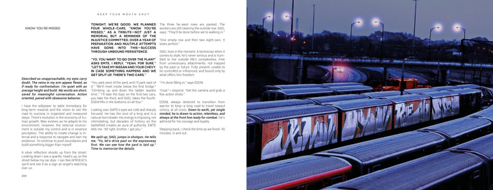 A two-page magazine spread: the left shows multi-column text about "Keep Your Mouth Shut" by Schiffer Publishing, Ltd.; the right displays a row of buses at dusk under streetlights, their sides painted with vibrant graffiti reflecting street culture.