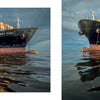 Two photos of a large black MSC cargo ship with colorful containers on calm water under a cloudy sky, featured in "Kent Island Waterscapes" by Schiffer Publishing, Ltd., capture stunning reflections—ideal for any Chesapeake Bay coffee table book.