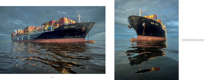 Two photos of a large black MSC cargo ship with colorful containers on calm water under a cloudy sky, featured in "Kent Island Waterscapes" by Schiffer Publishing, Ltd., capture stunning reflections—ideal for any Chesapeake Bay coffee table book.