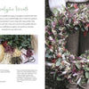 A person in a grey sweater holds a large handmade wreath made from eucalyptus, dried flowers, and grasses. An inset shows crafting tools and materials used for dried flower crafts, inspired by "Dried Flower Love" by Schiffer Publishing, Ltd.