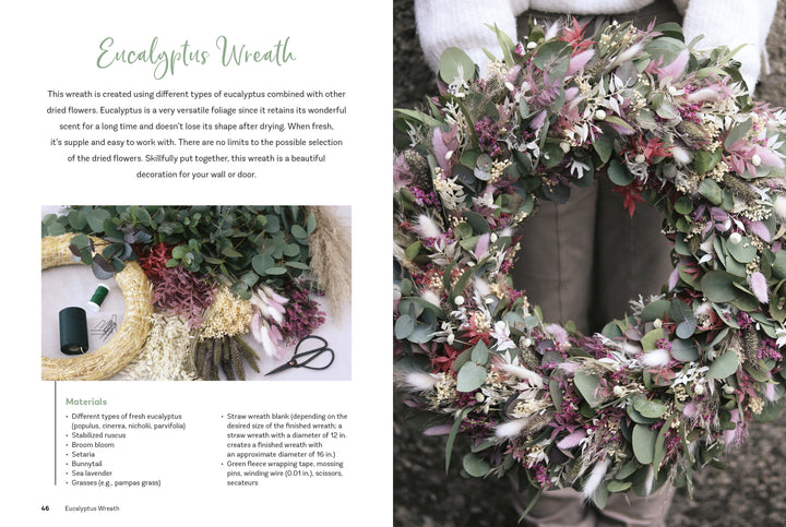 A person in a grey sweater holds a large handmade wreath made from eucalyptus, dried flowers, and grasses. An inset shows crafting tools and materials used for dried flower crafts, inspired by "Dried Flower Love" by Schiffer Publishing, Ltd.
