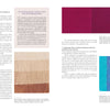A two-page spread from "The Cumulative Cloth, Wet Techniques" by Schiffer Publishing, Ltd. features color sample images—tan gradient fabric strips, magenta to purple dyed fabric, and blue-to-pink multicolored strips—with text and charts.