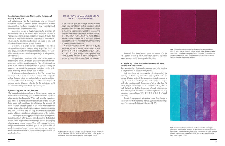 A two-page spread from "The Cumulative Cloth, Wet Techniques" by Schiffer Publishing, Ltd. features color sample images—tan gradient fabric strips, magenta to purple dyed fabric, and blue-to-pink multicolored strips—with text and charts.