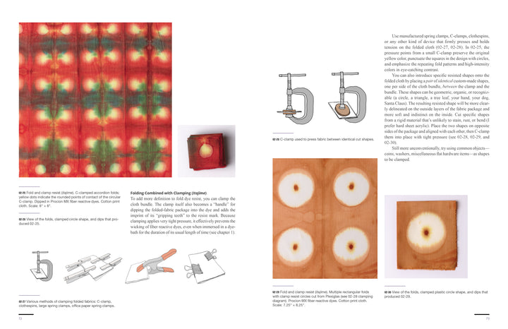 A page from The Cumulative Cloth, Wet Techniques by Schiffer Publishing, Ltd. shows wood with circular marks, C-clamp diagrams, and explains clamping tests on stained wood versus custom cloth and fabric surface methods.
