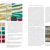 A magazine spread from Schiffer Publishing, Ltd.’s "The Cumulative Cloth, Wet Techniques" shows abstract fabric designs with green, yellow, and red patterns and a color chart on the left; right page has marbled custom cloth and text columns.
